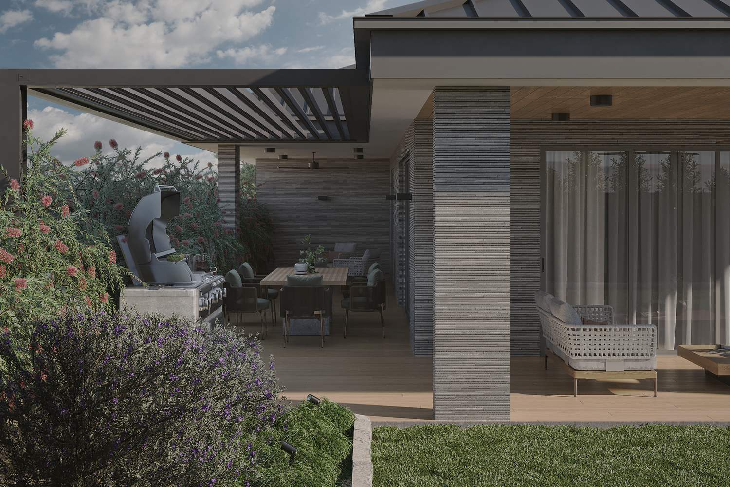 Covered outdoor room with dining and lounge