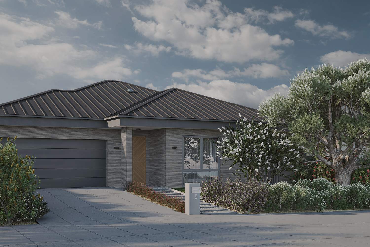 Street frontage with garage and front garden
