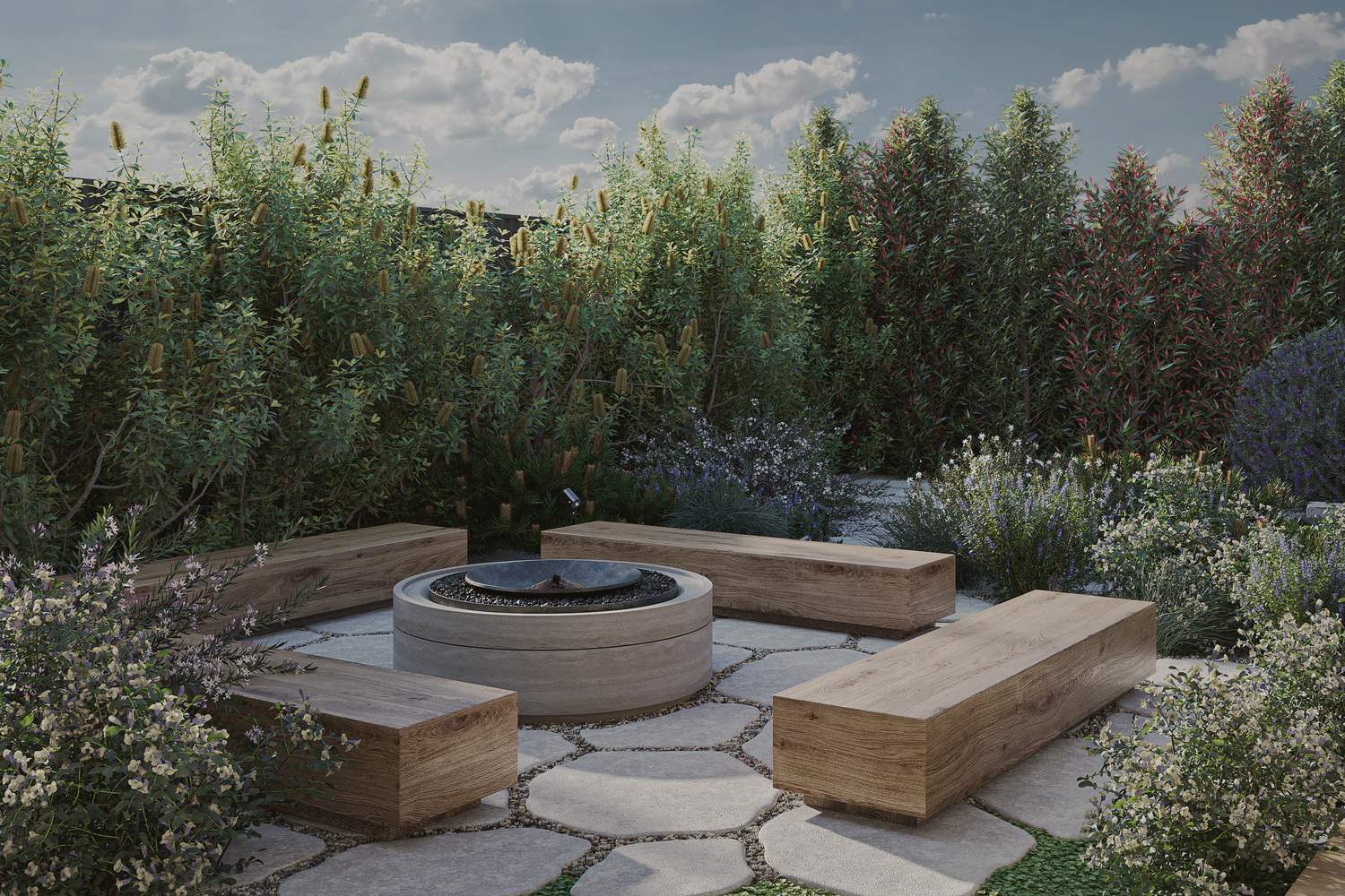 Fire pit terrace with timber benches, daytime