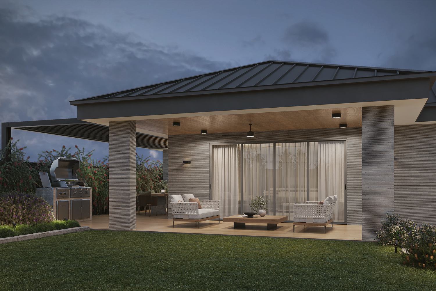 Single-storey home with covered terrace at dusk