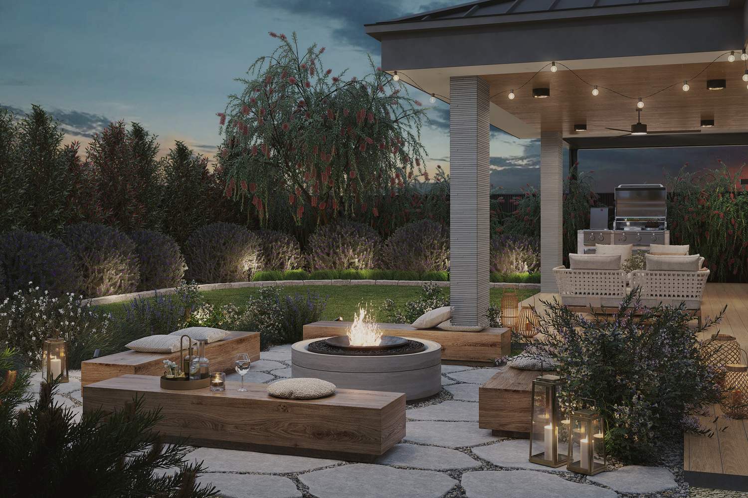 Garden with fire pit and outdoor room at dusk