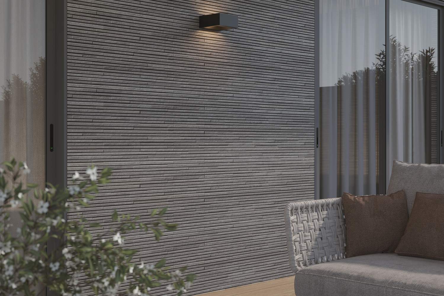 Timber-look cladding and outdoor lounge detail