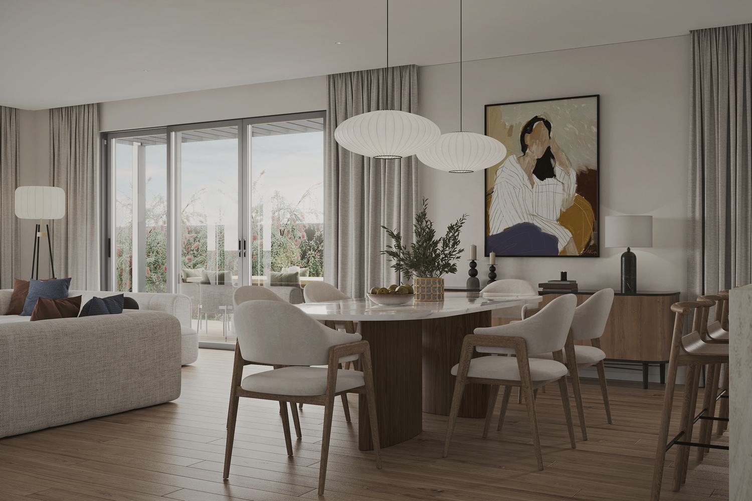 Open-plan living and dining room with garden outlook