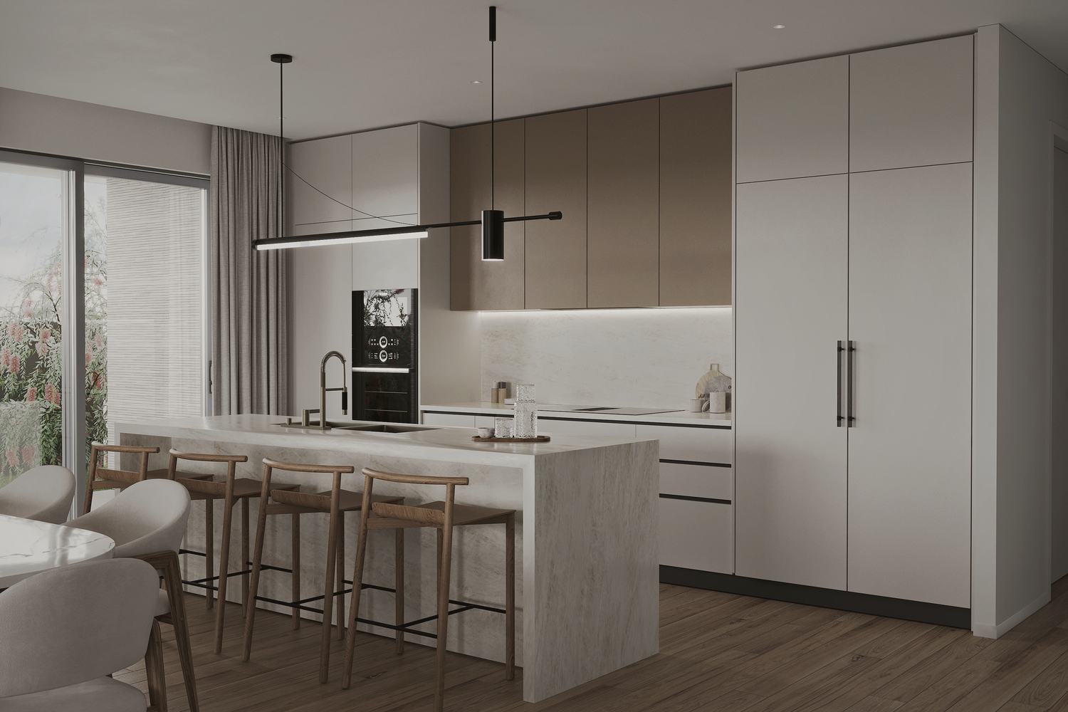 Kitchen with island bench and integrated appliances