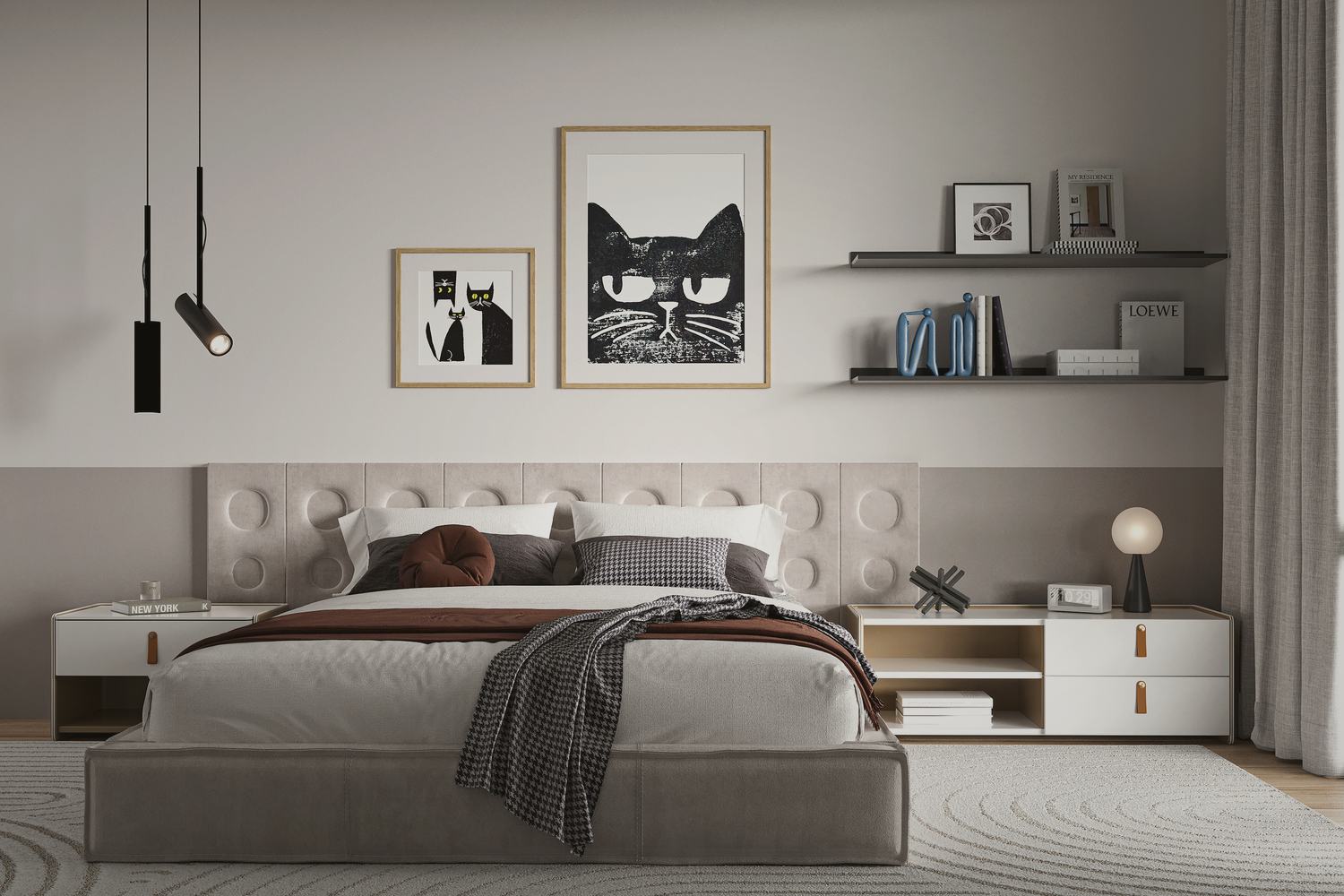 Main bedroom with upholstered bedhead