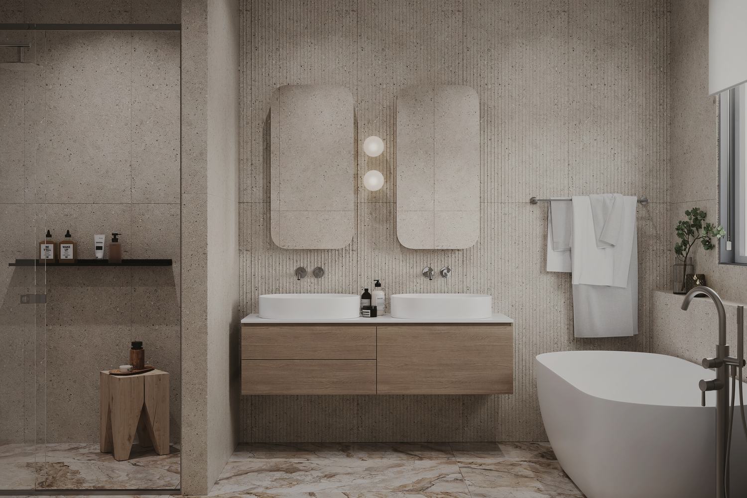 Bathroom with double vanity and freestanding bath