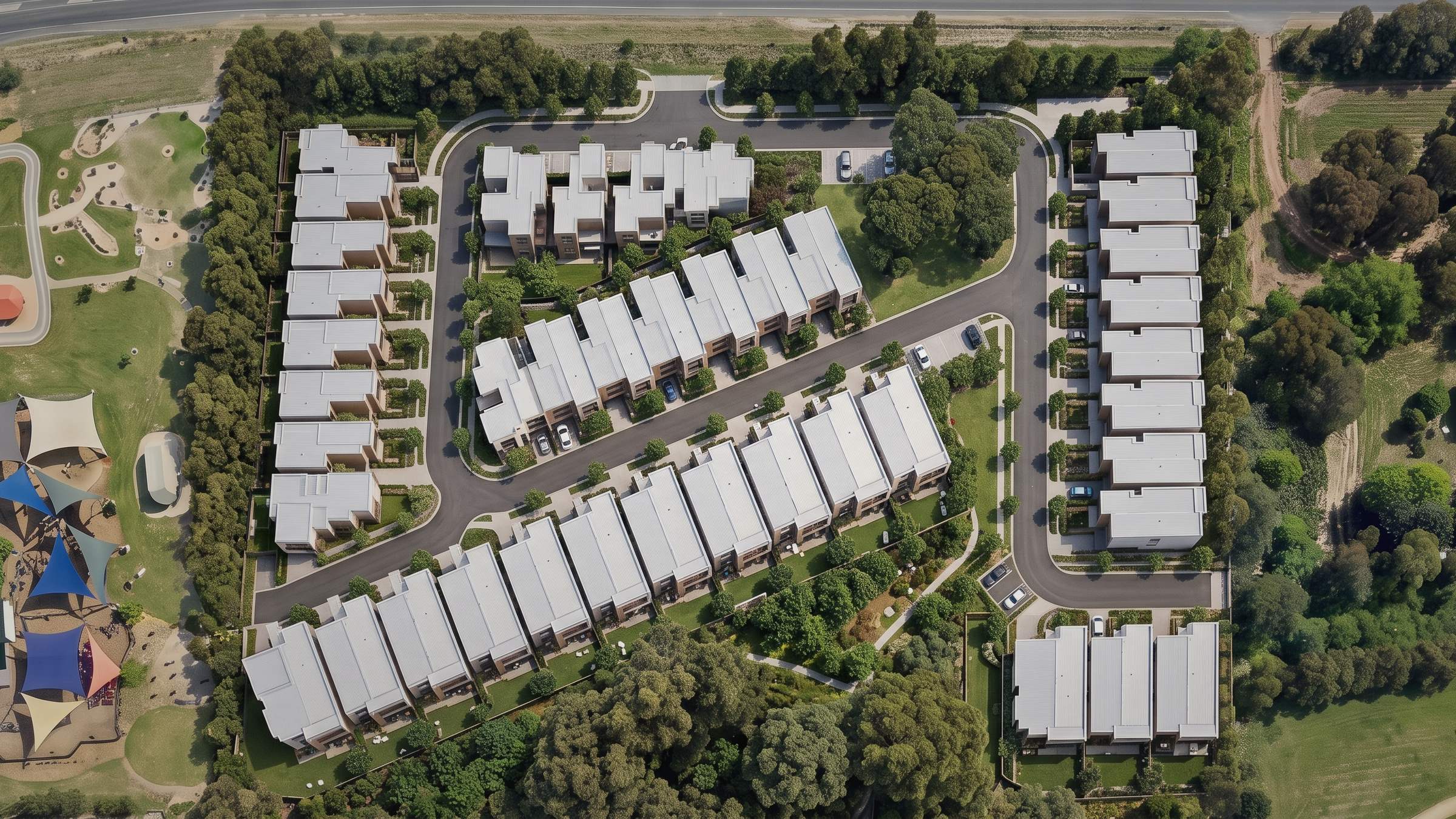 Top-down plan view of Botanica: 41 townhouses on internal streets around a community park