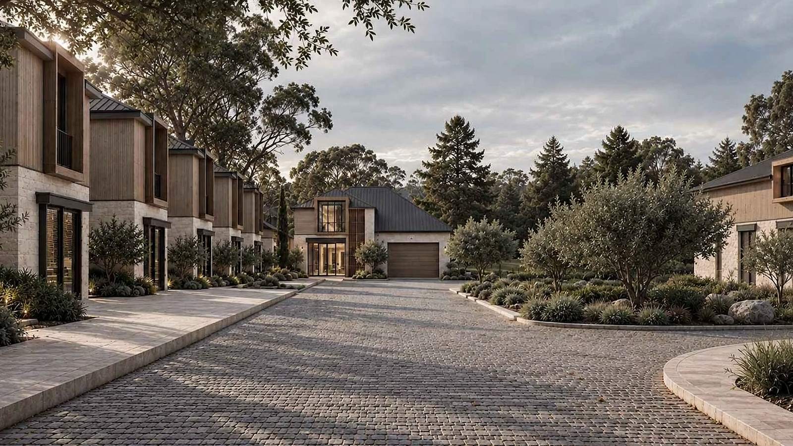 Two-storey townhouses along a landscaped internal street at Botanica