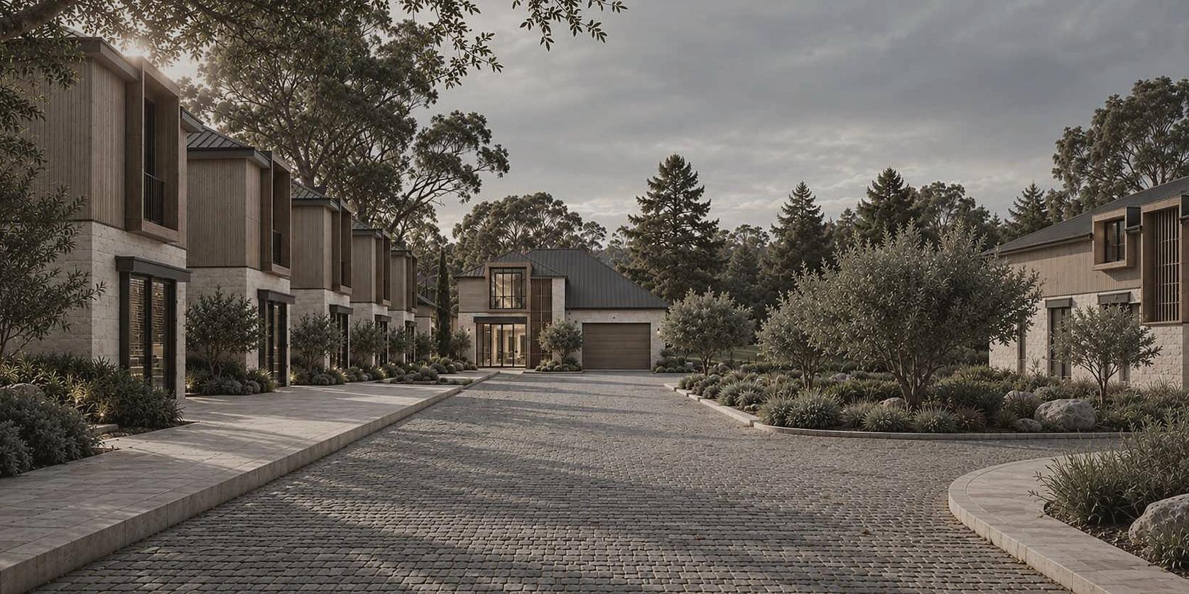 Two-storey townhouses along a landscaped internal street at Botanica