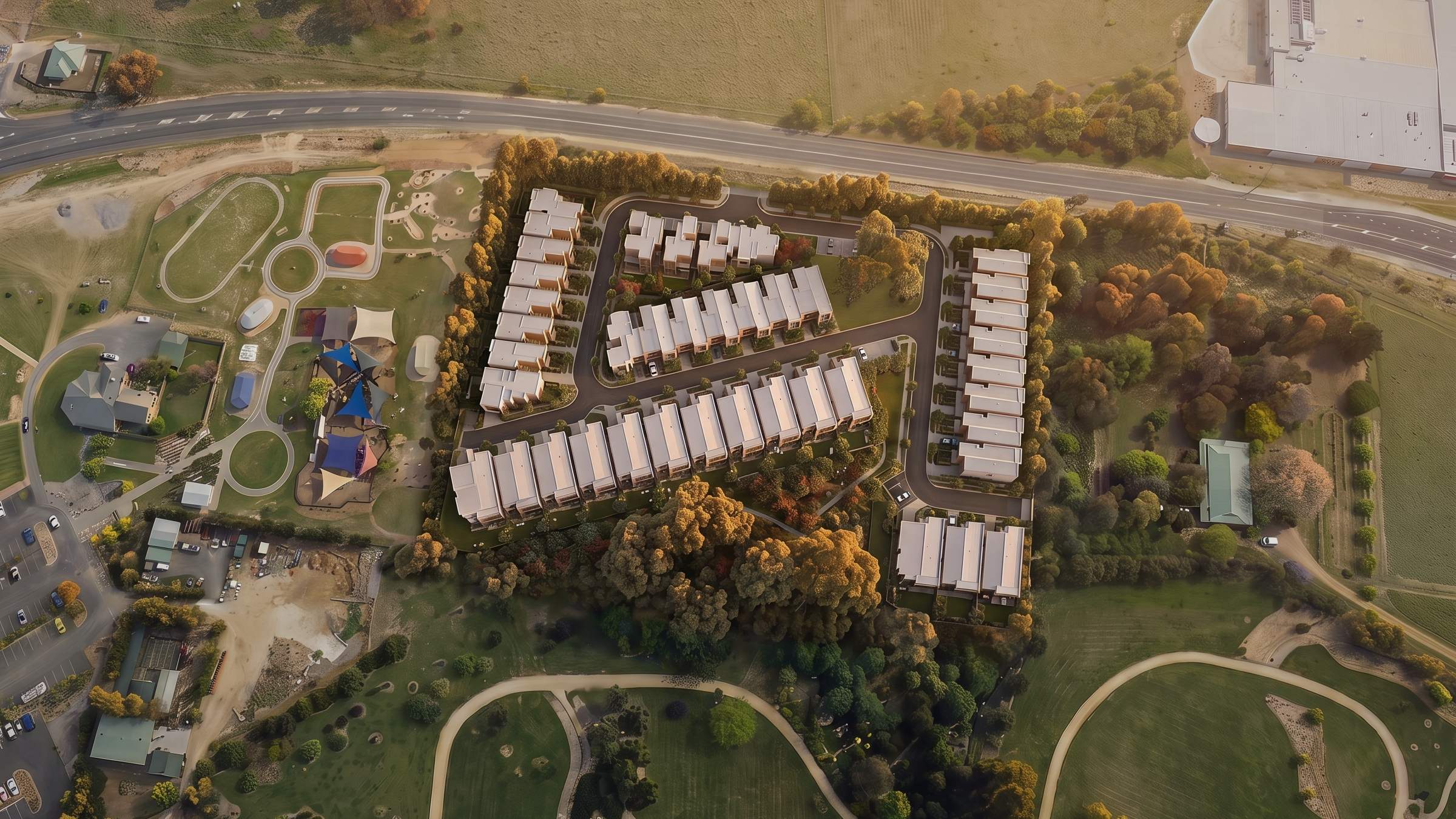 Aerial artist impression of Botanica in its real setting beside the Orange Botanic Gardens